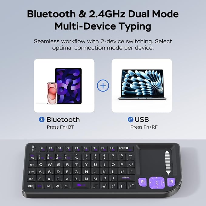 All-in-One Mini Keyboard with Touchpad, a Sturdy Aluminum Frame. Rechargeable & Portable. Seamless Connectivity with iPad, Mac, and PC. The Perfect Companion for Smart Home, IT Tech & Field Service.