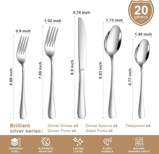 Silverware Set 20 Piece Stainless Steel Flatware Set Silverware Utensils for 4 People Includes Forks Knives Spoons & Salad Forks Dishwasher Safe Durable Tableware for Home Restaurant or Outdoor Use
