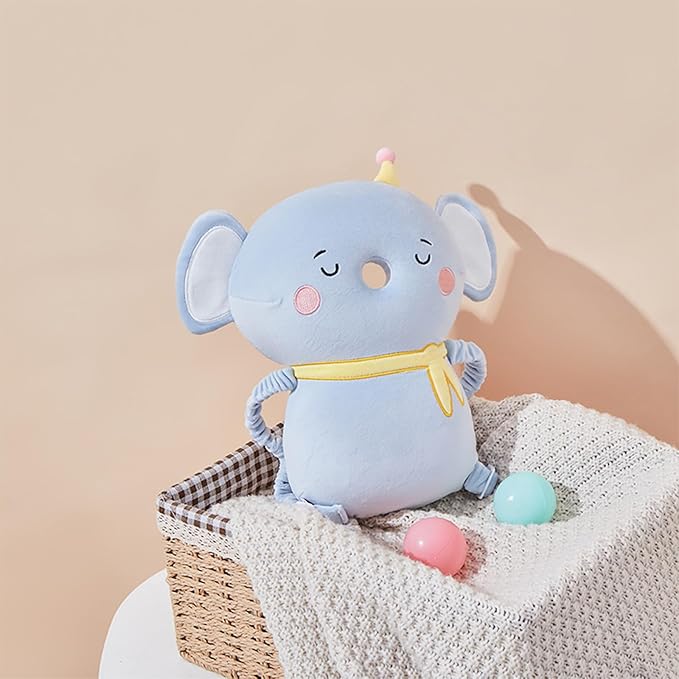 Baby Head Protector Backpack Memory Foam,Toddler Baby Walker Head Protection Safety Pad, 3-Sided Fall Head Safety Protection(Blue-Elephant)