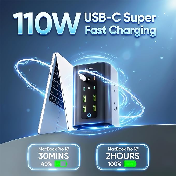 TenTrend Power Strip Tower, 350W Total Fast Charging Station for Multiple Devices, 5FT Extension Cord Tower with 6 Outlets 8 USB(4 USB C), 2000J Surge Protector for Home Office, Dorm Essentials
