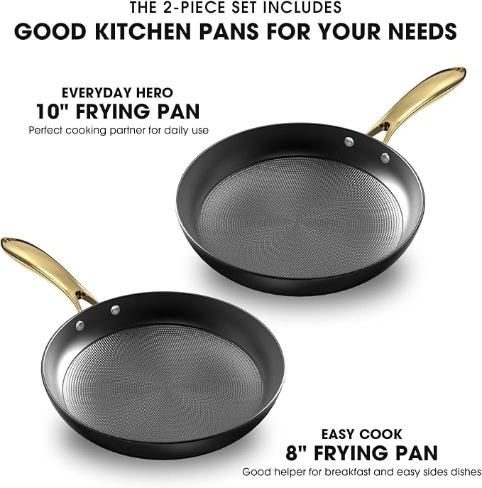 imarku Non Stick Frying Pans, 8 Inch & 10 Inch Cast Iron Skillets | Honeycomb Nonstick Frying Pan Set, Long-Lasting & Oven-Safe, 2 Pcs Skillets with Gold Handles, New Home Essentials