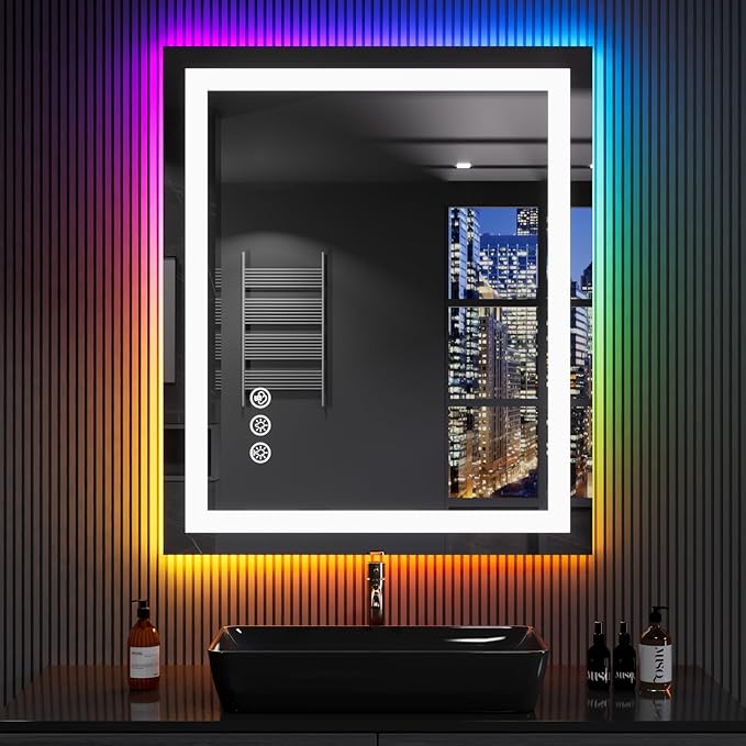LOAAO 30"X36" RGB LED Bathroom Mirror with Lights, Anti-Fog, Dimmable, Lighted Bathroom Vanity Mirror, Multiple Light Modes, RGB Backlit + Front Light, Memory Function, Tempered Glass, ETL Listed
