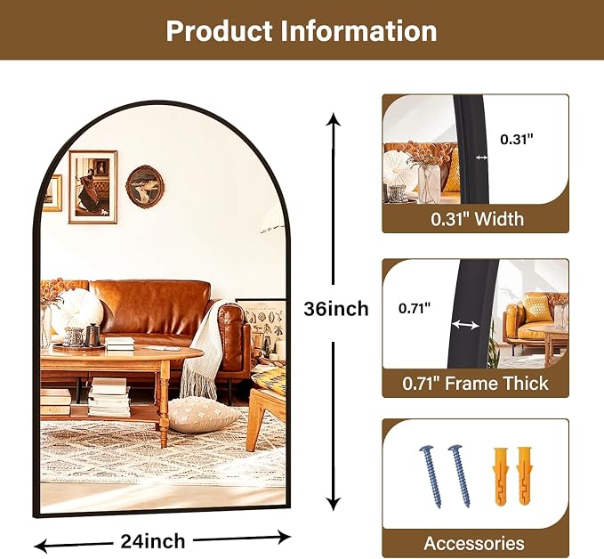 XRAMFY 24"x36" Black Arched Bathroom Mirror - Wall Mirror for Bathroom, Metal Frame Vanity Mirror, Dresser Mirror, Arch Decorative Mirrors for Living Room, Bedroom, Entryway, Mantle
