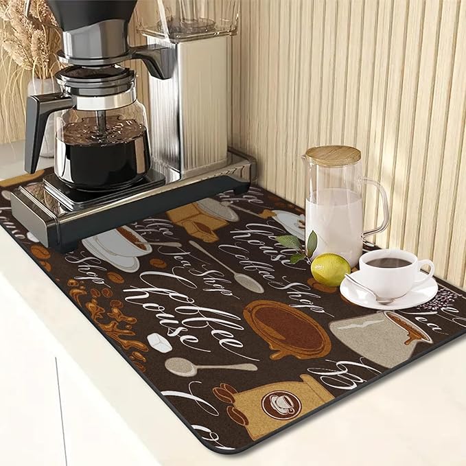 Arttown Coffee Mat for Countertops, Tea Retro Vintage Cafe Brown Dish Drying Mat 2 Pcs for Kitchen Bar Accessory, Fit Under Coffee Maker Espresso Machine Dish Rack Hide Stain 12x19in