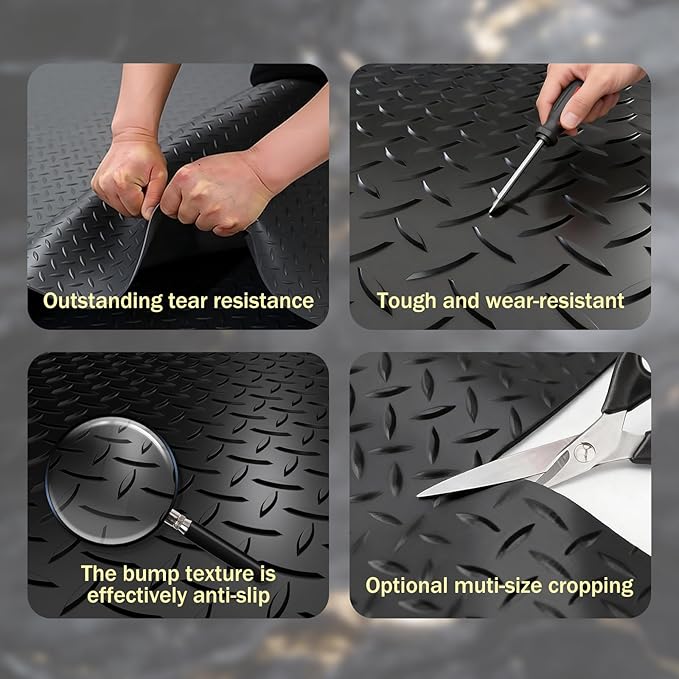 StellarStar 4x30 FT Garage Floor Mat, 2.8mm Thickened PVC Diamond Plate Garage Mat with 20PCS Tapes, Rubber Flooring Rolls for Under Car, Non-Slip Rubber Motorcycle Mat for Golf Cart, Trailer, Black