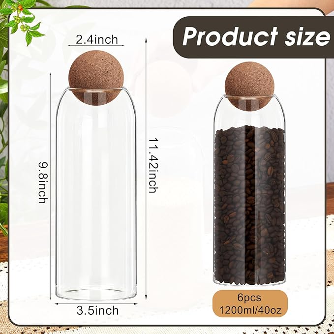 Suclain 6 Pcs Glass Jars with Cork Ball Lid Farmhouse Kitchen Canisters Coffee Bar Countertop Container Rustic Storage Jars for Bean Nut Sugar Coffee Tea Organizer Housewarming Gift (40 oz)