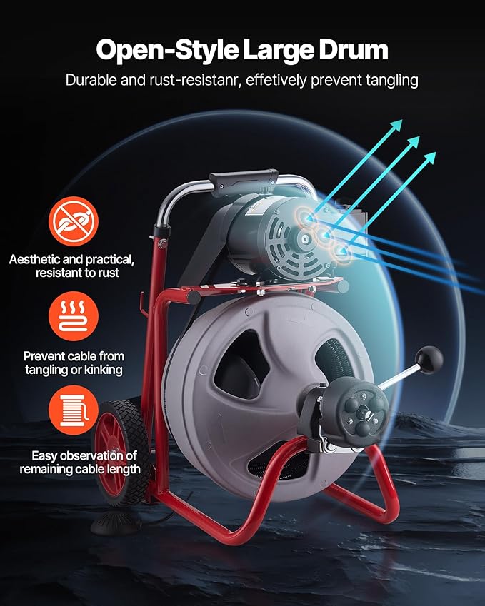 VEVOR Drain Cleaner Machine 100 FT x 3/8 Inch, Auto Feed Sewer Snake Drain Auger on Wheels, Portable Drain Cleaning Machine with 8 Cutters & Air-Activated Foot Switch for 2" to 4" Pipes