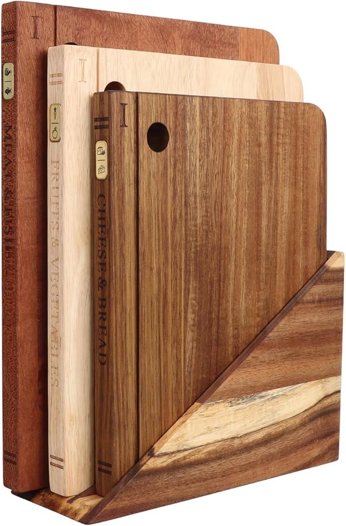 Book Cutting Board Set with Separated Stand, 3 Piece [Acacia/Ebony/Rubber] Wood Cutting Boards That Look Like Books for Kitchen Decor, Reversible Thick Chopping Board with Brass Food Labels