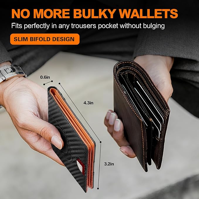Wallet for Men Slim RFID Blocking Bifold Carbon Fiber,Minimalist Small Compact Front Pocket Credit Card Holder,Thin Mens Leather Wallets Smart Security With 2 ID windows 1 Cash (Black & Orange)