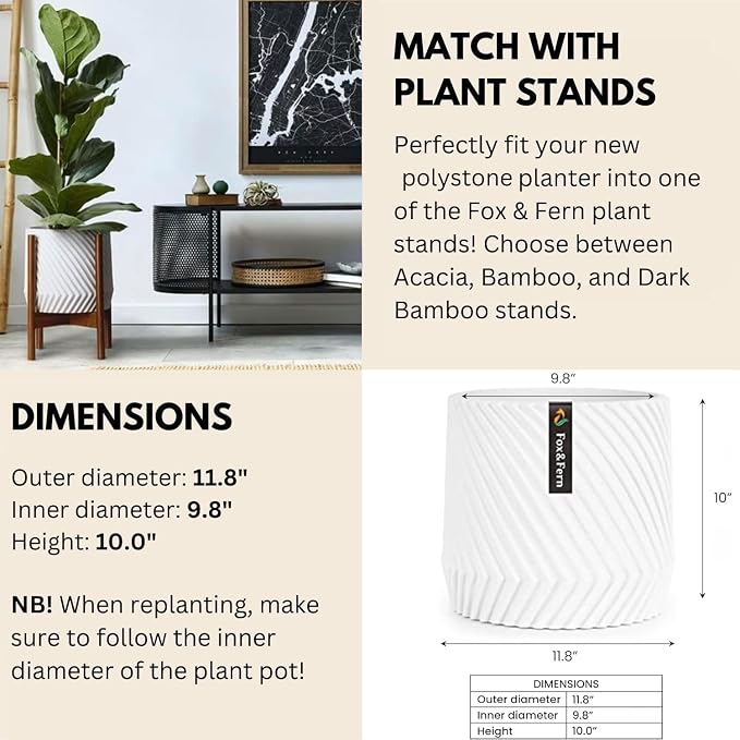Fox & Fern Large Indoor Planter, Modern Large Plant Pot for Indoor or Outdoor, UV and Frost Resistant - 12 Inch, Matte White Flower Pot with Drainage Plug, 3D Printed Design