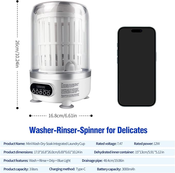 Portable Mini Washing Machine | Compact Deep Cleans Underwear, Baby Clothes, Small Laundry | Type-C, Spin-Dry & UV /4000 mAh Battery (3L-WHITE)