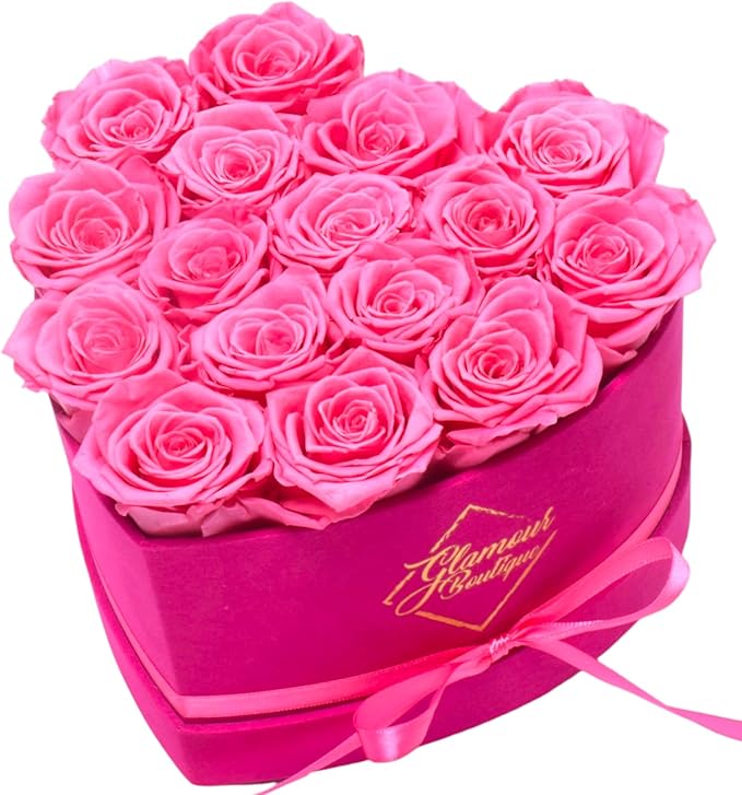 GLAMOUR BOUTIQUE 16 Flower Forever Heart Shape Box, for Mom, Eternal Preserved Roses Gift for Her, Him, Lasting Flowers Bouquet, for Birthday, Anniversary, Velvet Pink (Color-Treated)