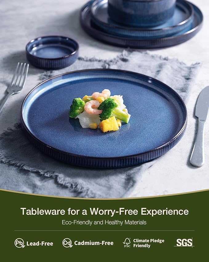 Famiware Star 16-Piece Stoneware Dinnerware Set, Service for 4 - Shallow Pasta Bowls & Flat Plates, Modern Rustic Reactive Glaze Dishes, Chip/Scratch Resistant, Microwave/Dishwasher Safe, Nebulas Blue