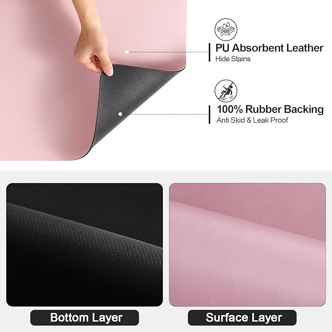 Ecotrim Absorbent Coffee Mat , Stain Hiding PU Leather Surface, Non-Slip Natural Rubber Backing, Quick Dry Mat for Espresso Machine, Kitchen Counter ,Pink | 16" x 24"