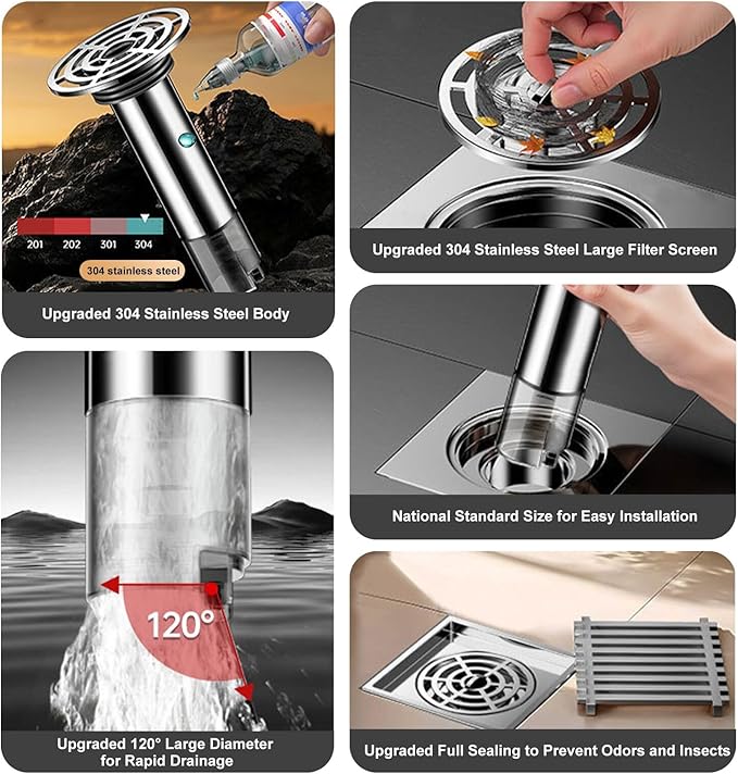 Shower Drain Anti-Backflow Stopper - Magnetic Shut-Off Valve, 304 Stainless Steel Odor-Proof Shower Drain Plug, Suitable for 1 1/2 inch Pipes (2.95in/75mm High)