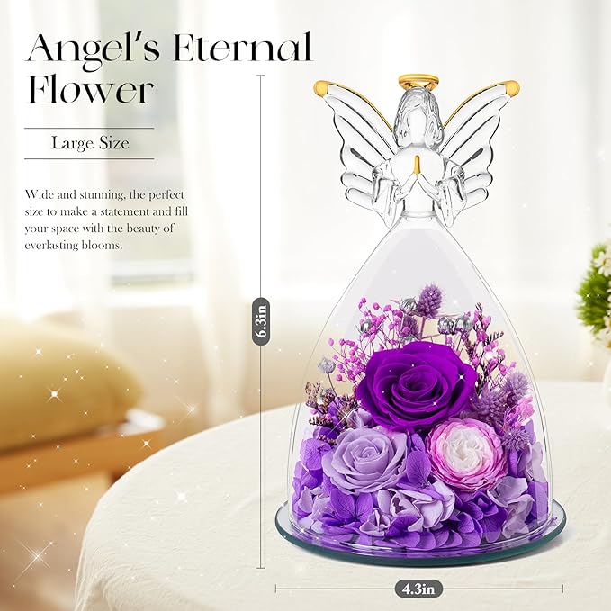 Mothers Day Roses Gifts for Mom Forever Preserved Real Roses Flowers in Glass Angel Figurines Fresh Flowers for Delivery for Grandma Women Mom Wife from Daughter/Purple