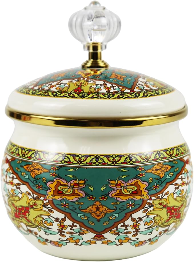 Floral Enamel Sugar Bowl Gold Ethnic Seasoning Jar Vintage Tea Canister Spice Box Retro Coffee Candy Storage Pot Bohemian Salt Container Jar for Home Kitchen Decor