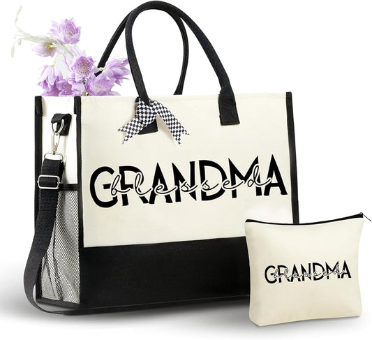 InnoBeta Grandma Gifts, Canvas Tote Bag on Christmas or Birthday & Mother's Day, Tote with Top Zipper Closure and Shoulder Strap - Blessed Grandma