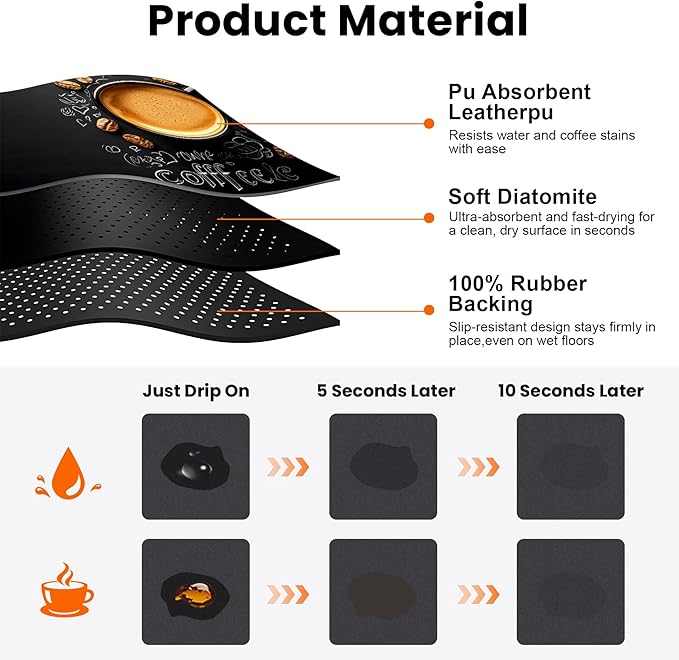 Coffee Mat 17"x32" - Extra Large Absorbent Non Slip Dish Drying Mat,Coffee Bar Accessories,Kitchen Counter Protector for Coffeemaker, Sink, Dining Decor