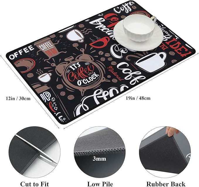 SHACOS Coffee Bar Mats 2-pack, 12x19 Inch Absorbent Non-Slip Rubber, Waterproof & Heat Resistant, Black