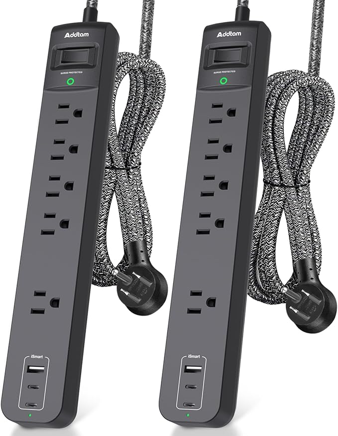 Addtam 2 Pack Power Strip Surge Protector – 5 Wide Spaced Outlets 3 USB (2 USB-C) Charging Ports, 1875W/15A, 25ft Braided Cord, Flat Plug, Overload Surge Protection, Wall Mount for Home, Office & Dorm