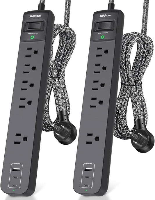 Addtam 2 Pack Power Strip Surge Protector – 5 Wide Spaced Outlets 3 USB (2 USB-C) Charging Ports, 1875W/15A, 25ft Braided Cord, Flat Plug, Overload Surge Protection, Wall Mount for Home, Office & Dorm