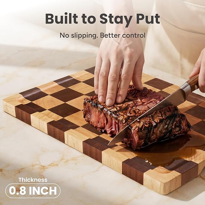 SMIRLY Wood Cutting Boards for Kitchen Wooden Chopping Board Set Reversible with Deep Juice Grooves Grip Handles, Large Charcuterie Tray for Home Kitchen, Rubber Wood, 3Pcs with Holder
