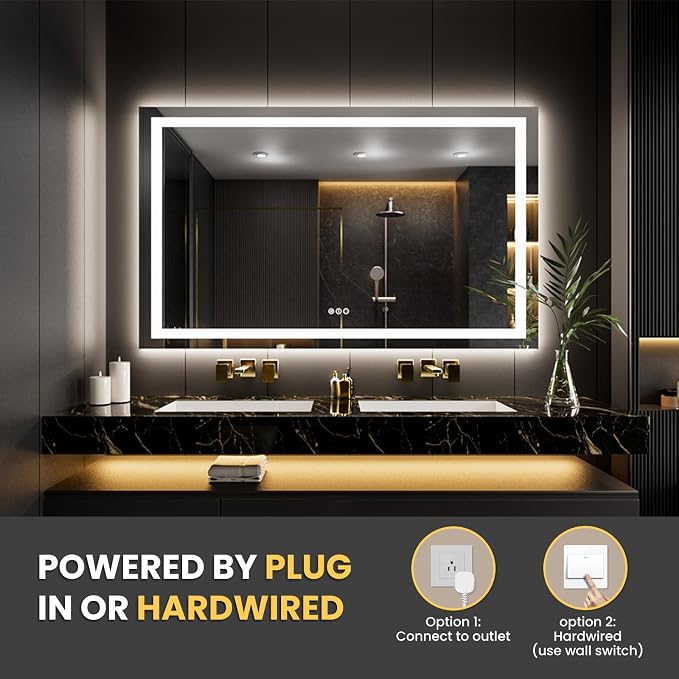 LOAAO 65"X40" LED Bathroom Mirror with Lights, Anti-Fog, Dimmable, Backlit + Front Lit, Lighted Bathroom Vanity Mirror for Wall, Memory Function, Tempered Glass, Safe to Use, ETL Listed