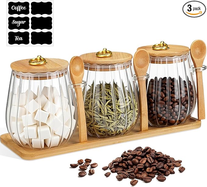 Suclain 3 Pcs Coffee Tea Sugar Container Set 40oz Glass Jars with Wooden Lid Spoon Shelf Labels Airtight Sugar Canister Metal Handle Farmhouse Coffee Bar Kitchen Food Storage for Spice Powder(Oval)