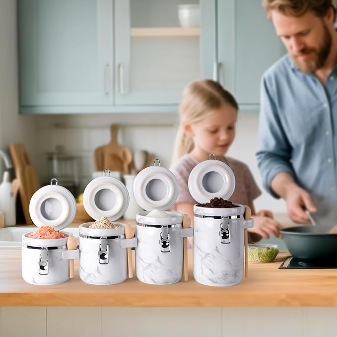4-Piece Airtight Ceramic Canisters Set with Wooden Spoons & Chalk Labels – Perfect for Coffee, Sugar, Flour, Tea (Marble) – Stylish & Leakproof Kitchen Storage