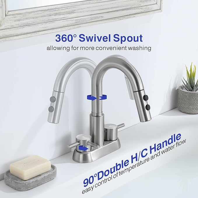 Kablle Bathroom Faucet with Pull Down Sprayer 3 Holes, Brushed Nickel 4 inch 2 Handles Centerset Laundry Bar Basin Pull Out Bathroom Sink Faucet with Pop-Up Drain, KBL-6002BN