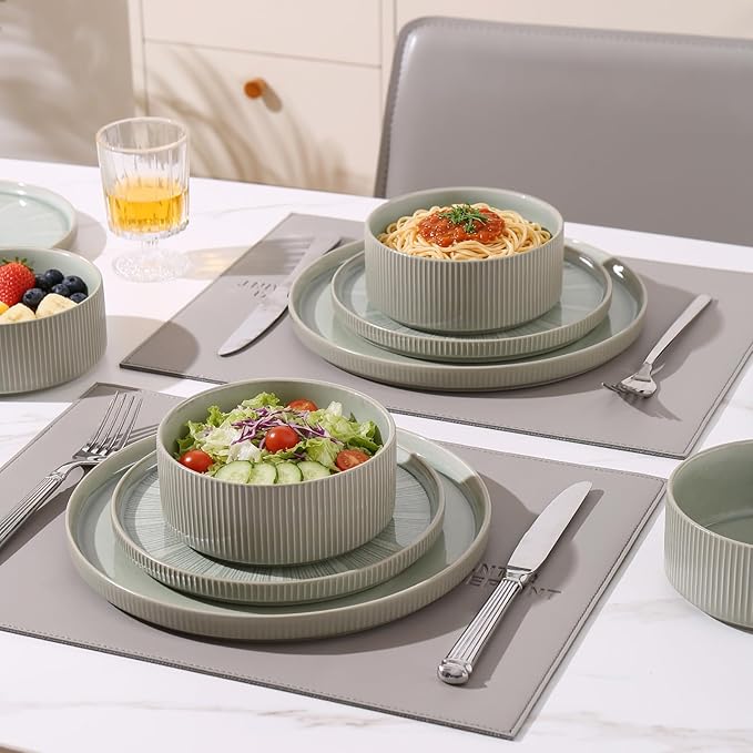 Dinnerware Sets for 4, Ceramic Plates and Bowls Set 12 Piece Dinnerware Chip Resistant Stoneware with Advanced Inkjet Printing Technology, Dishwasher and Microwave Safe-Sage Green