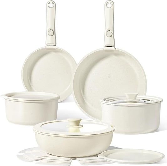 GiPP Ceramic Pots and Pans Set Non Stick, Nonstick Detachable Handle Cookware Sets, Healthy Non Toxic PFAS PFOA & PTFE Free, Dishwasher ＆Oven Safe, Induction Kitchen Pot and Pan, 15 Piece Cream