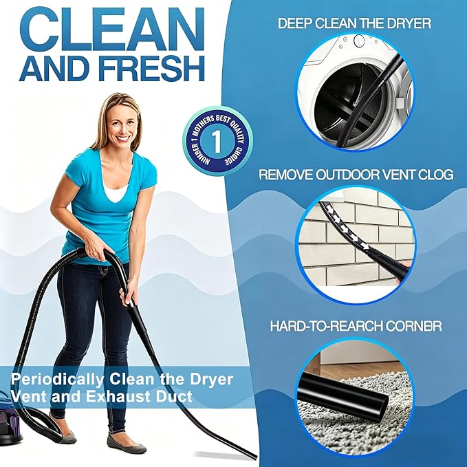 3 Pieces Dryer Vent Cleaner Kit: Vacuum Hose With Brush & Gloves Fits for Vacuums Cleaner, Refrigerator Condenser Coils, and Tight Spaces Behind Appliances, Deep Cleaning Tools for Clogged Ducts-Black