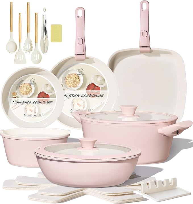 BECIGAR 23pcs Ceramic Pots and Pans Set, Nonstick Detachable Handle Cookware, Induction Kitchen Cooking Set with Removable Handle,include Frying Pans & Saucepans Oven Safe(Pink)