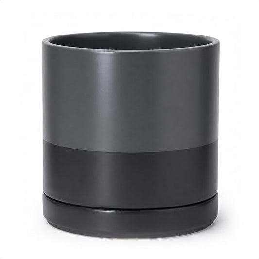 D'vine Dev 10 Inch Ceramic Planter Pot, Slate, 94-O-E-5 | Modern Cylinder Design, Drainage Hole & Saucer Included, Stable Structure, Elegant Home Accent