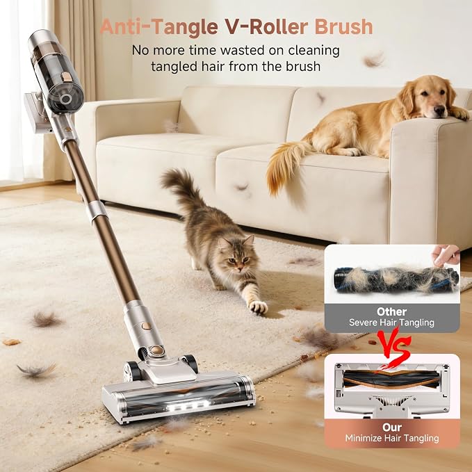Cordless Vacuum Cleaner:Portable 6-in-1 Stick Vacuum with Anti-Tangle Brush | LED Headlight, Self-Standing, HD Display, Rechargeable Vacuum for Pet Hair, Low-Pile Carpet and Hardwood Floor-Off White