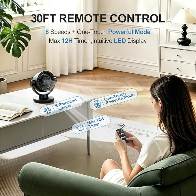 Fan for Bedroom, Table Air Circulator Fan 9 Inch Remote, 90°+120° Auto Oscillation Desk Fan, 10dB Quiet, 6-Speed, Powerful Mode Cordless, Max 12H Timer 8000mAh Battery 40ft Airflow, LED Display