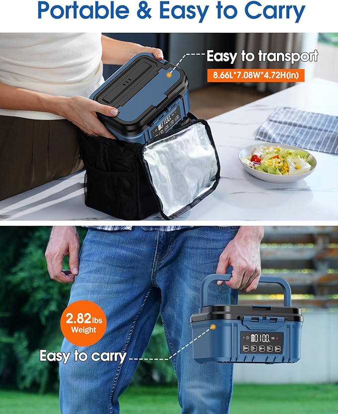 Cordless Electric Lunch Box for Adults – Battery-Powered Heated Lunch Box with 1.2L Stainless Steel Container, Timer Function, and Leak-Proof Food Warmer for Work, Travel & Office(Aqua Blue)