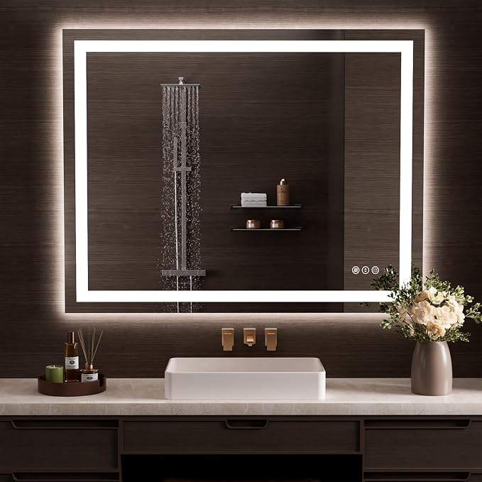 LOAAO 50"X40" LED Bathroom Mirror with Lights, Anti-Fog, Dimmable, Backlit + Front Lit, Lighted Bathroom Vanity Mirror for Wall, Memory Function, Tempered Glass, Safe to Use, ETL Listed