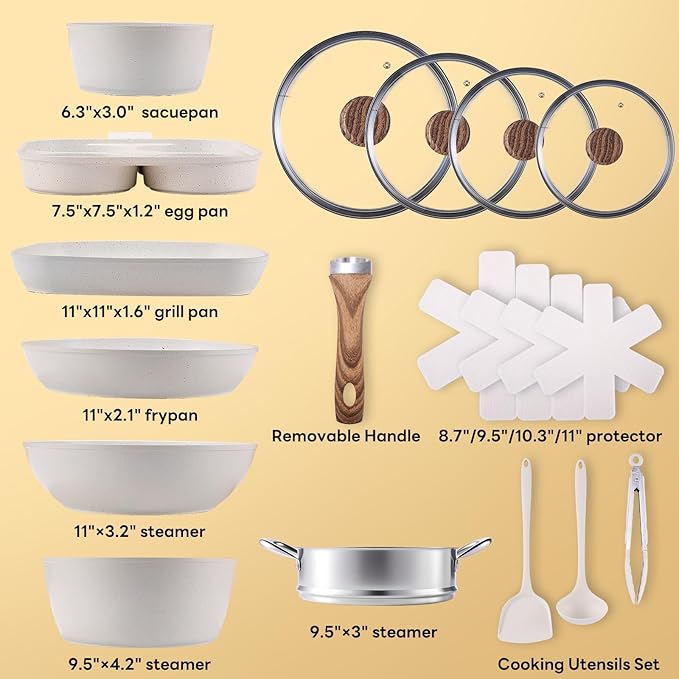 DUMOS 17 Pcs Pots and Pans Set, Nonstick Kitchen Cookware Set, Induction Cooking Sets with Stay-Cool Handles, Beige