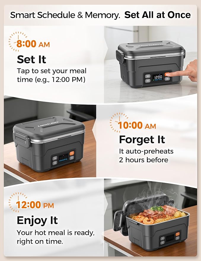 EAST OAK XL 6.3-Cup/1.5L Cordless Electric Lunch Box for adults, Electric Lunch Box Food Heater with Smart Timer, 220°F Stainless Steel Container for Work Outdoor,Standard Gray