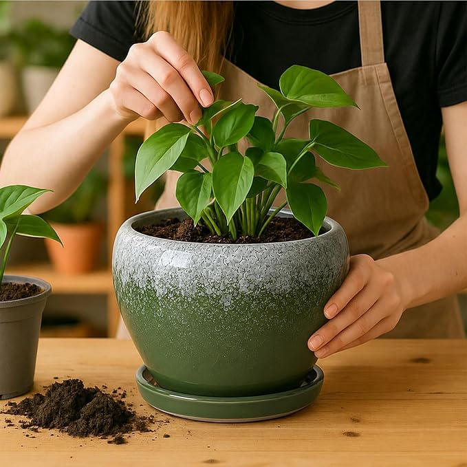 Deep Dream 8 Inch Plant Pots- Ceramic Pots for Plants with Drainage Hole and Saucer, Large Planter Pot for Indoor Plants Outdoor Decor, Blackish Green