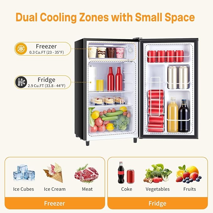 NEWBULIG Mini Fridge with Freezer 3.2 Cu.Ft Small Refrigerator for Office, Dorm, Small Fridge with Adjustable Thermostat, Energy Saving, Dual Door, Black