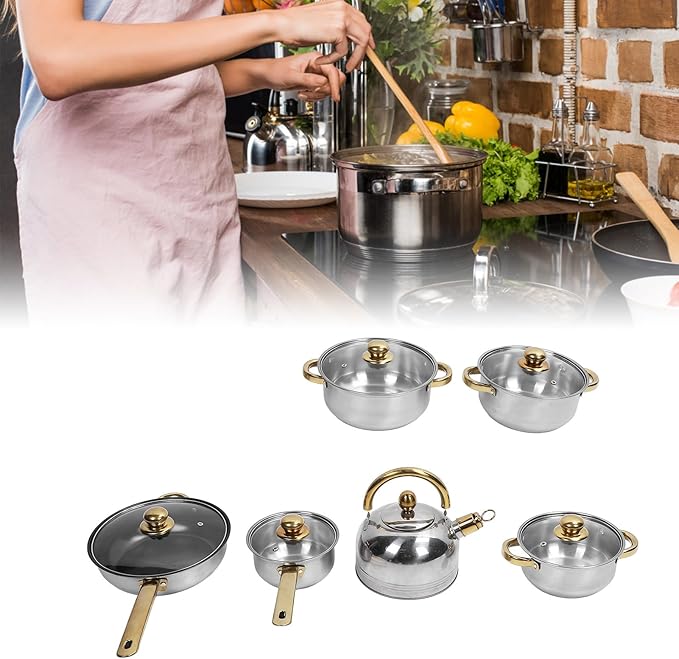 12pcs Pots and Pans Set, Stainless Steel Induction Kitchen Cookware Set with Detachable Handle, Dishwasher Non Stick Cooking Set with Frying Pan, Saucepans, Stockpots (Gold