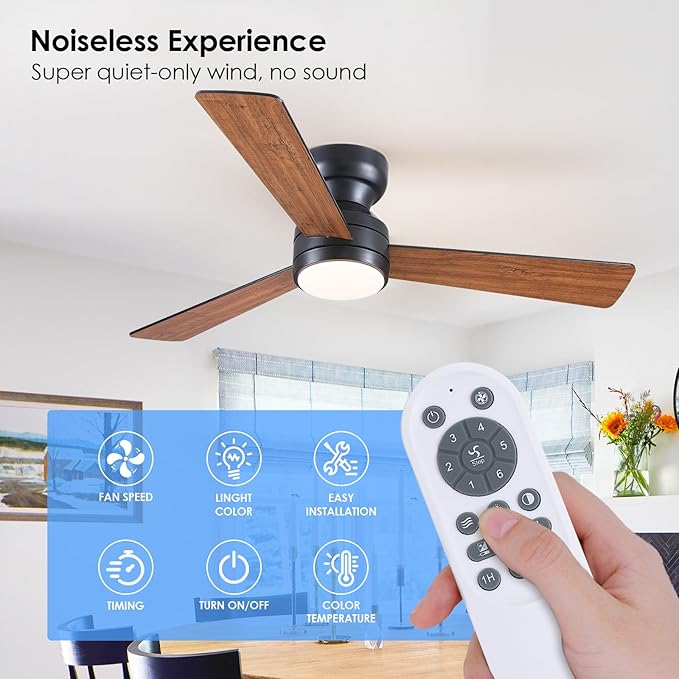 Asyko 46" Brown Low Profile Ceiling Fans with Lights and Remote, Modern Indoor Ceiling Fan Light with Quiet Reversible DC Motor, Flush Mount Ceiling Fans with Dimmable LED for Bedroom Kitchen