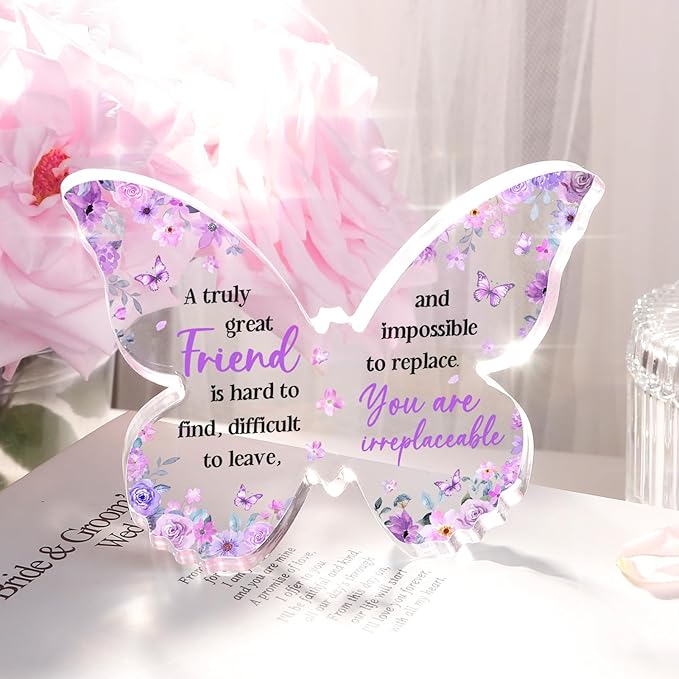 Friend Friendship Gifts for Women, Purple Butterfly Acrylic Plaque Desk Decor, Gifts for Friends Women Unique, Bestie Best Friendship Female Present, 5 x 3.8 x 0.5 inches