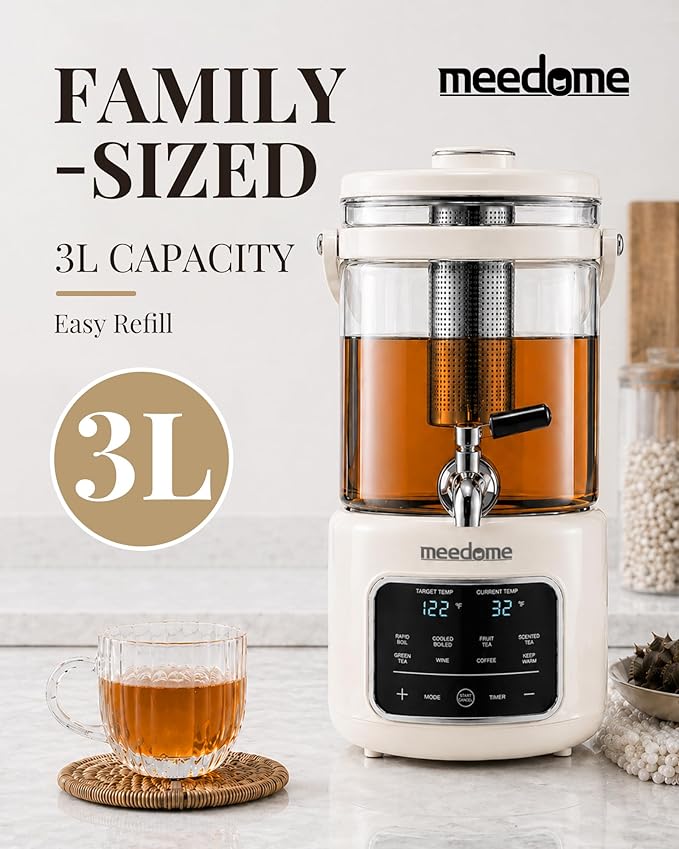 3L Electric Kettle & Beverage Dispenser with Infuser, Spigot - All-in-One Health Pot for Iced Tea/Coffee, Temperature Control, Glass Pitcher - Home & Office Use