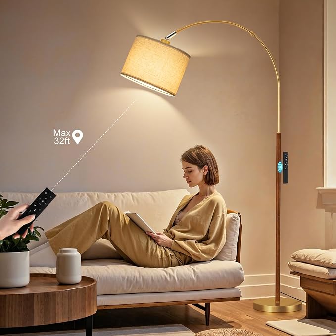 Ambimall Dimmable Arc Floor Lamp with Remote, Color Temperatures and Brightness Adjustable, Arched Floor Lamp with Rotating Head, Over Couch Arched Reading Light for Living Room (Gold and Wood Grain)