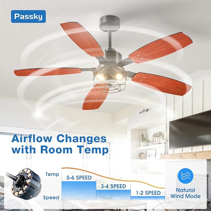 Passky Ceiling Fans with Lights, 52 inch Farmhouse Ceiling Fan with Light and Remote Control, 6 Speeds, Reversible, Noiseless, Dual Finish Blades, Black Caged Ceiling Fan for Bedroom, Living Room
